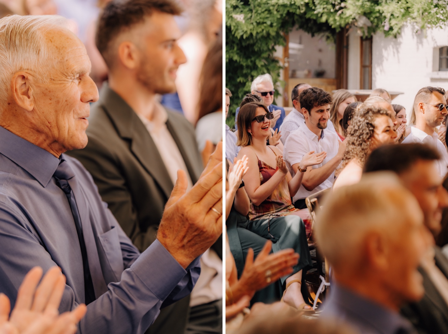 Zomers huwelijk op unieke landelijke locatie in Horebeke - gasten klappen in hun handen na het voorlezen van de geloften