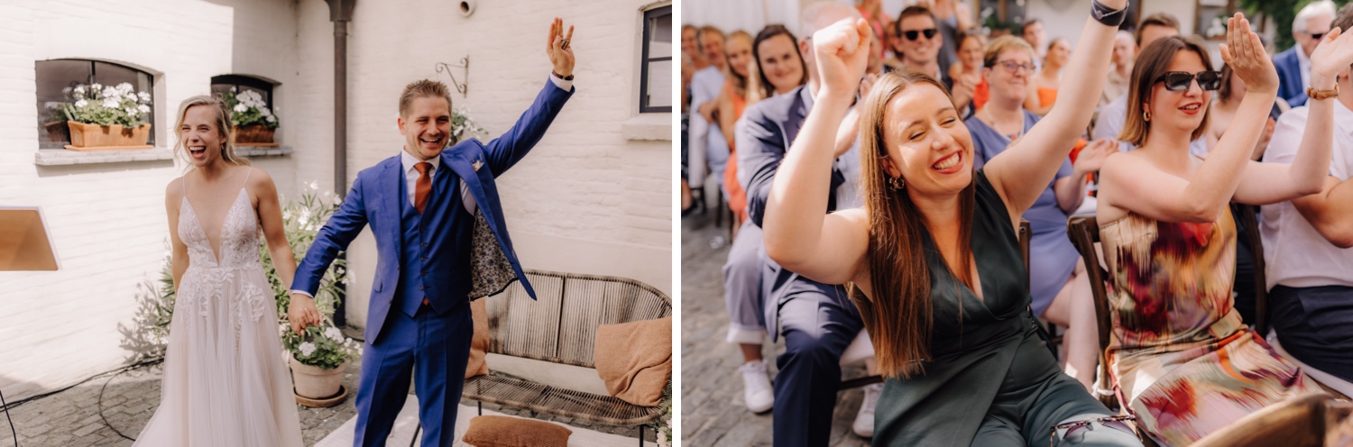 Zomers huwelijk op unieke landelijke locatie in Horebeke - gasten juichen uitbundig tijdens ceremonie