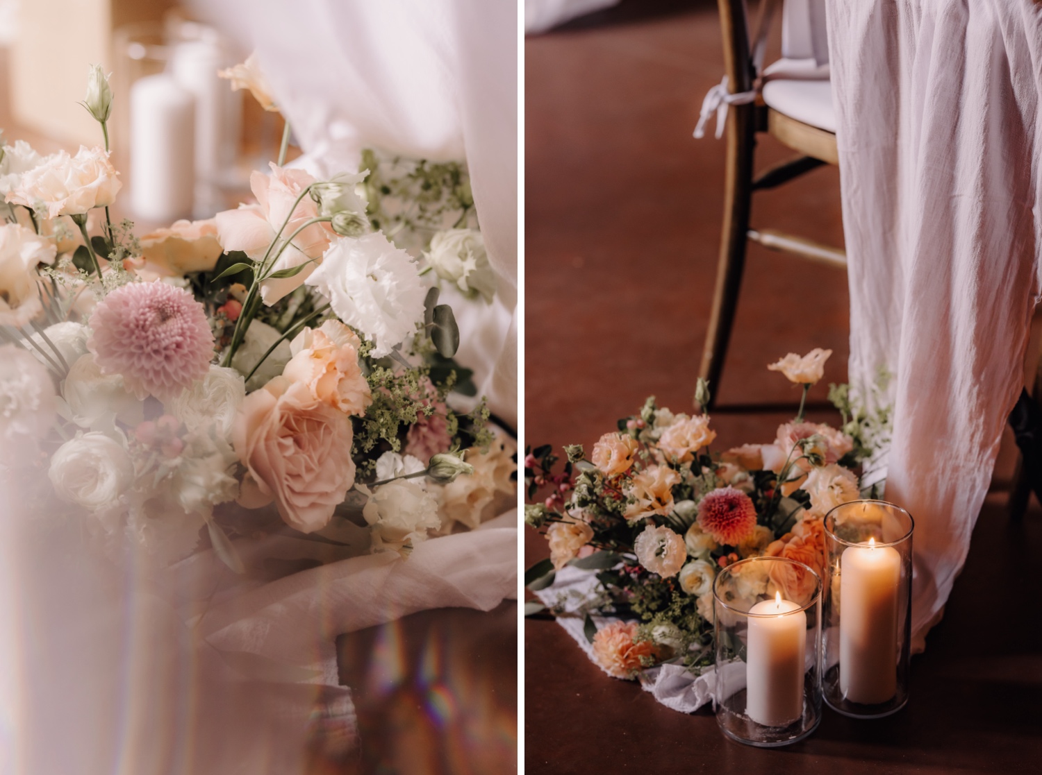 Zomers huwelijk op unieke landelijke locatie in Horebeke - detailfoto's van de bloemen en kaarsen aan de tafels in de schuur van 'T verstand van leven