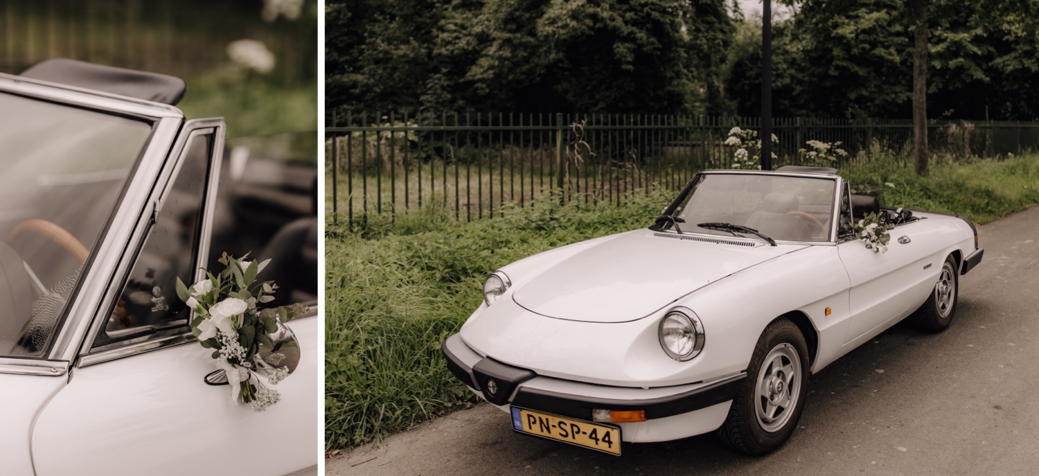 Intiem huwelijk bij La Butte Aux Bois - witte oldtimer bruidswagen