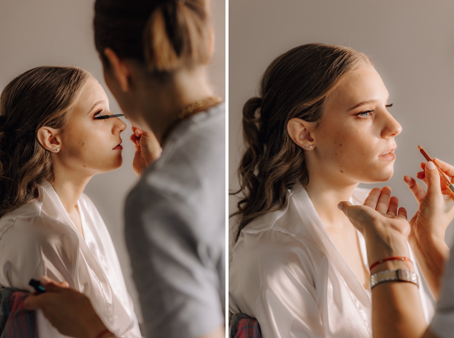 Landelijk huwelijk bij vierkantshoeve Bar Silo - close-up foto's van de bruid die haar make-up laat doen