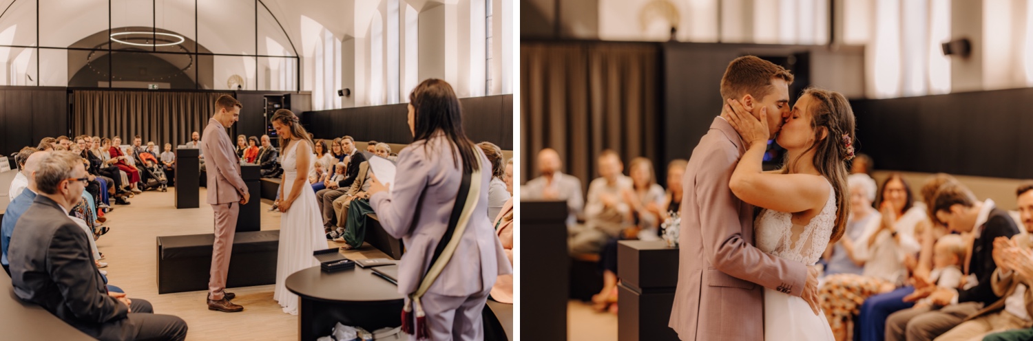 Een intiem huwelijk met twee honden en modderige laarzen - bruidspaar geeft ja-woord en kust elkaar in het stadhuis van Beringen