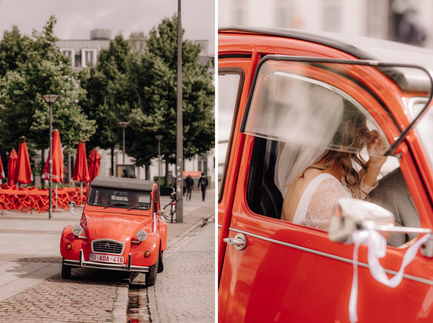 Een regenachtige huwelijksdag bij Hoeve Engelendael - close-up van de lintjes aan de knalrode oldtimer