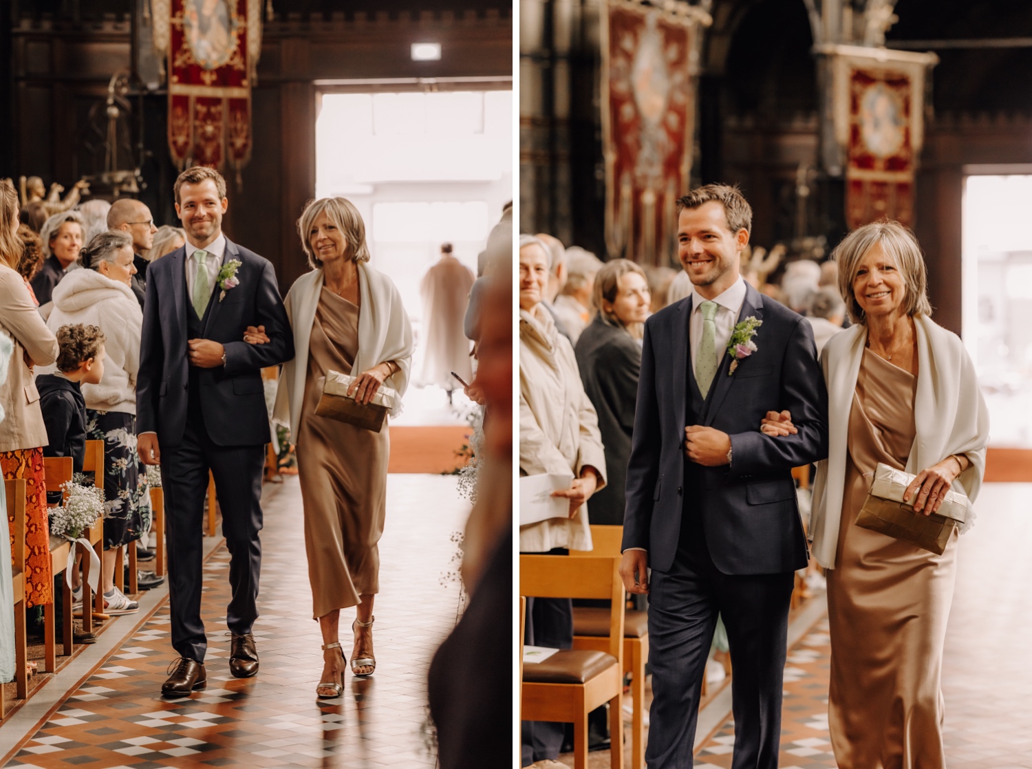 Een regenachtige huwelijksdag bij Hoeve Engelendael - bruidegom wandelt met zijn moeder de kerk binnen