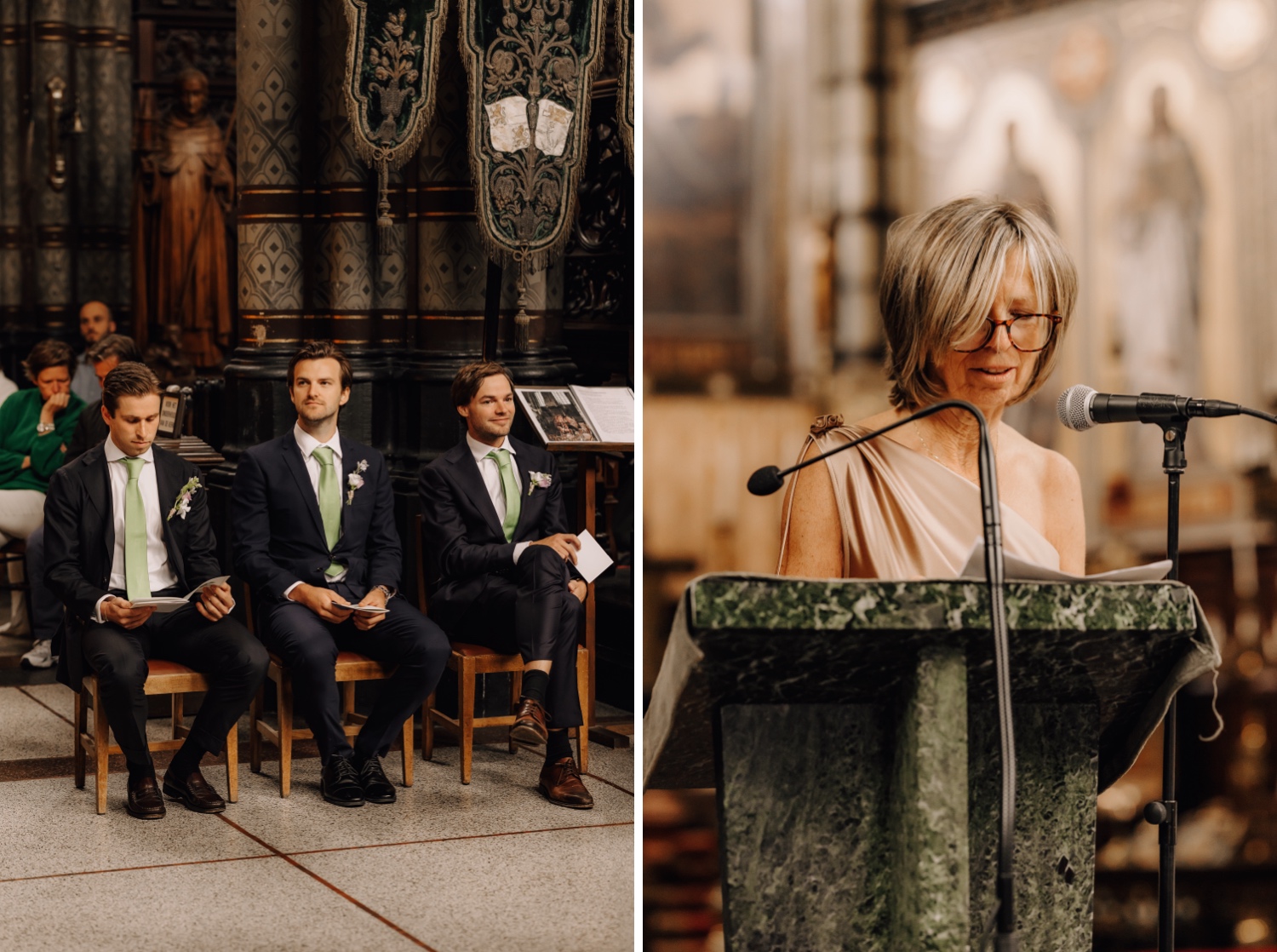 Een regenachtige huwelijksdag bij Hoeve Engelendael - moeder van de bruidegom leest een tekst voor in de kerk