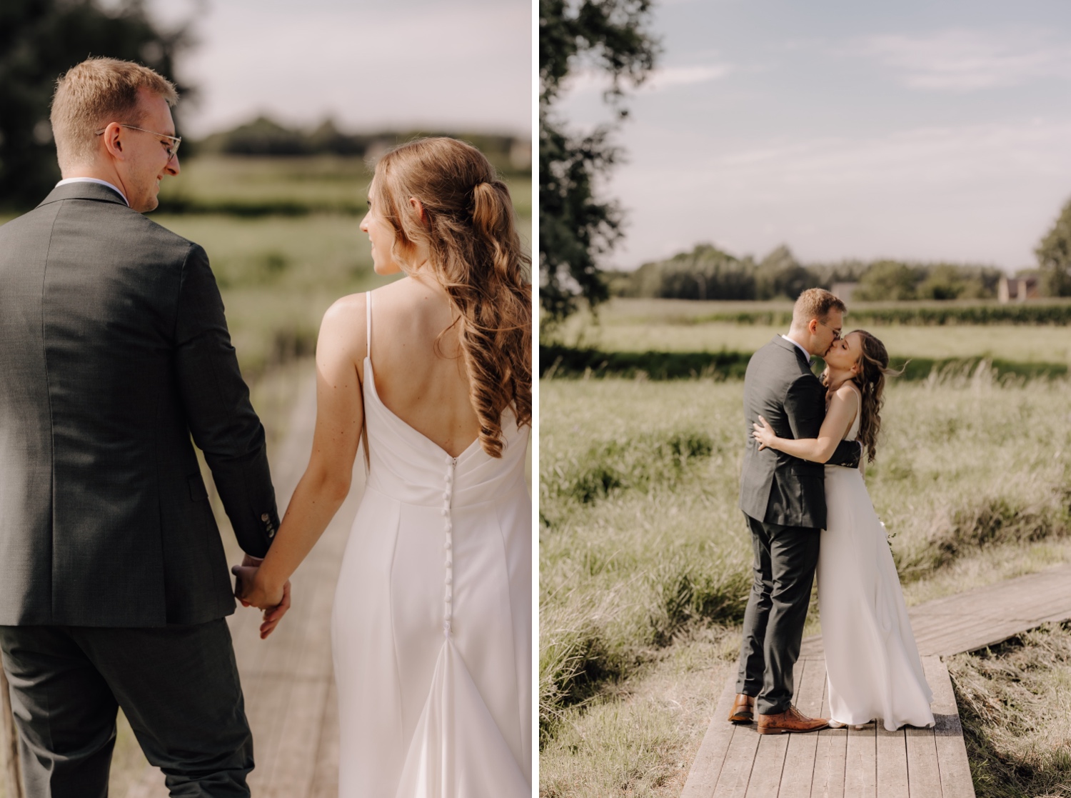 Landelijk huwelijk bij vierkantshoeve Bar Silo - bruidspaar kust elkaar in de wind tijdens fotoshoot in de tuin van Bar Silo