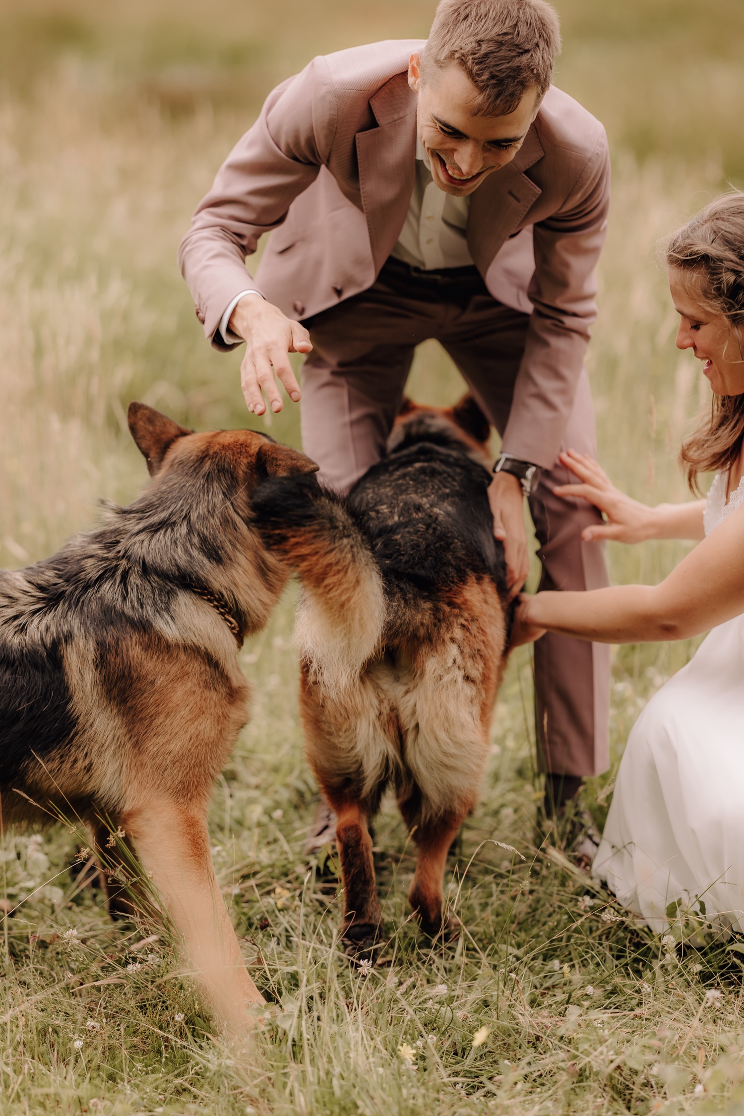 Een intiem huwelijk met twee honden en modderige laarzen - bruidspaar speelt met hun twee Duitse herders in een veld