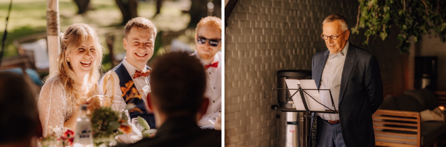 vader van de bruidegom geeft speech tijdens lunch