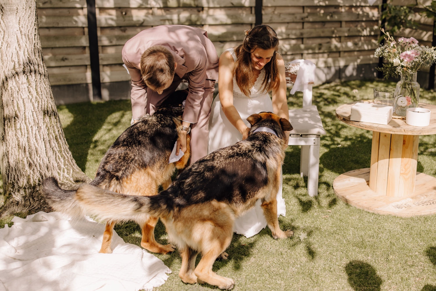 Een intiem huwelijk met twee honden en modderige laarzen - De honden brengen de ringen naar het bruidspaar tijdens de tuinceremonie