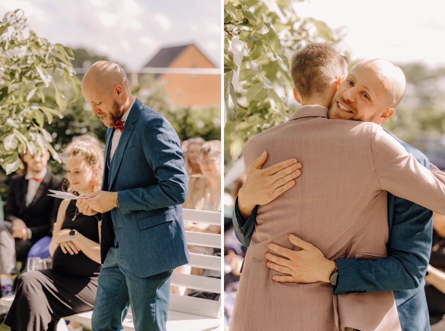 Een intiem huwelijk met twee honden en modderige laarzen - getuige van de bruidegom geeft een speech tijdens de tuinceremonie